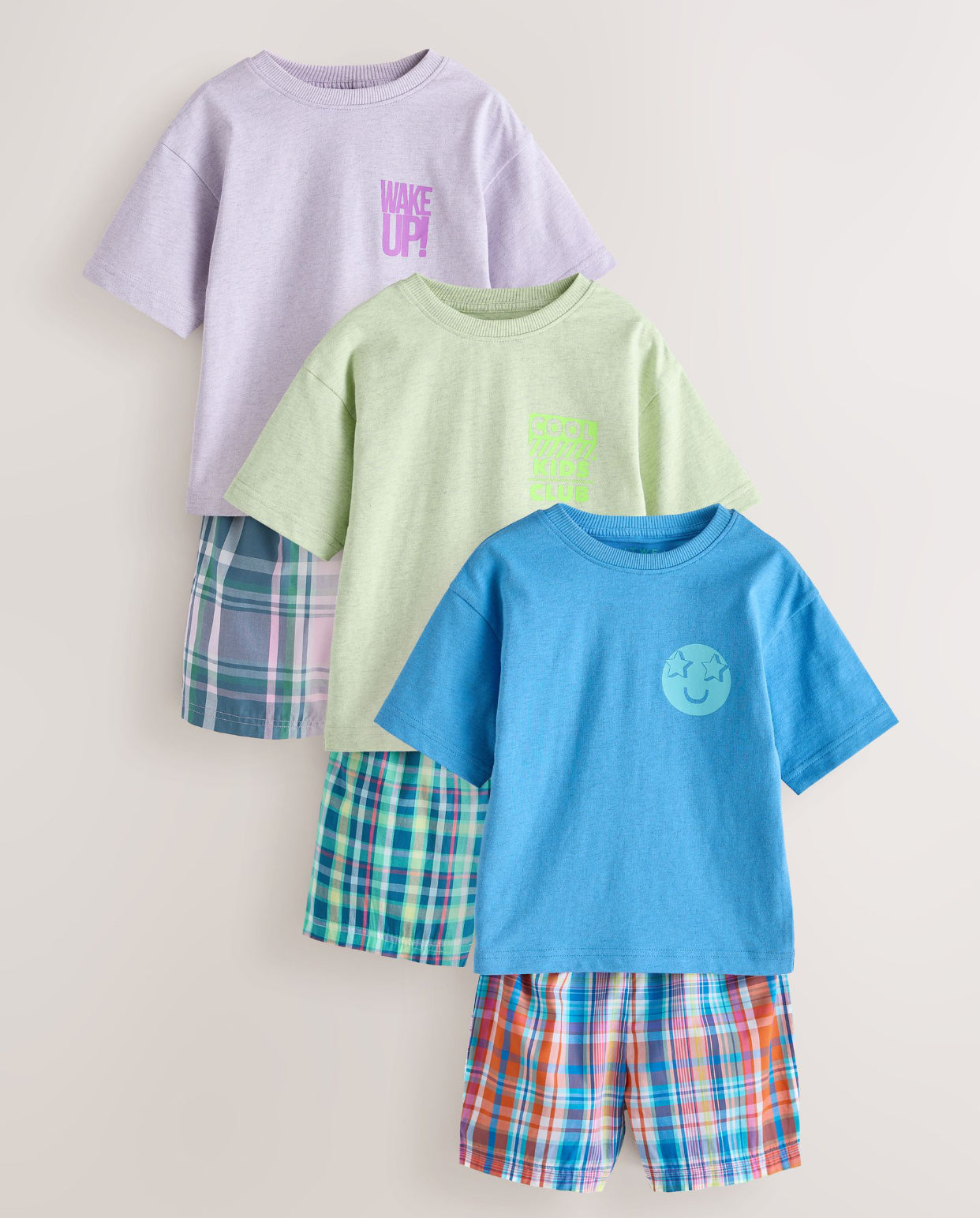 Blue/Green/Purple Check Woven Short 
Pyjamas 3 Pack