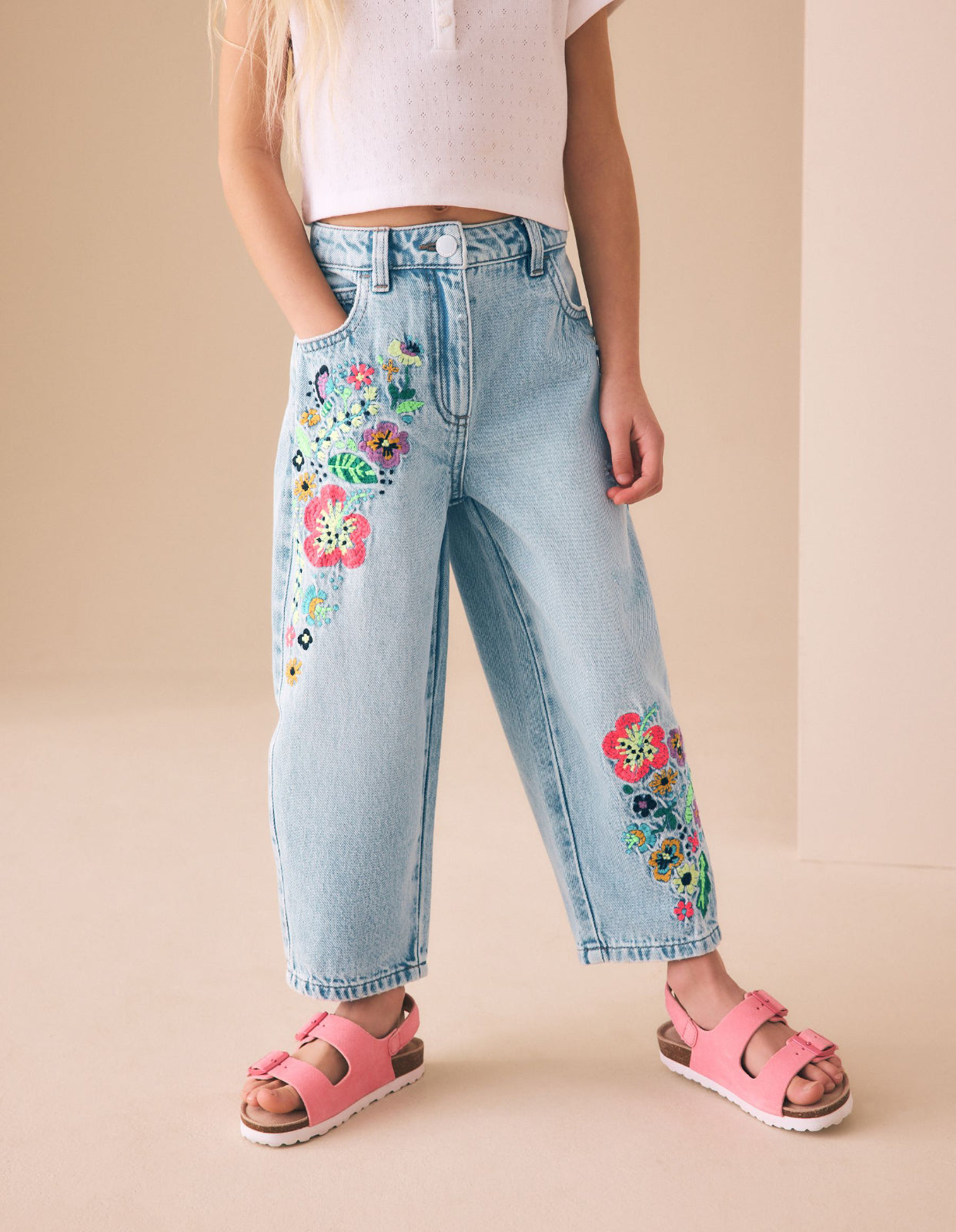 Fluro Embroidery Barrel Leg Jeans