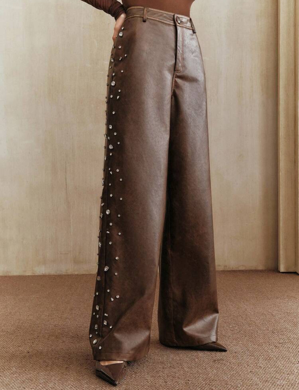 Anewsta Women's Brown Rhinestone Distressed PU Leather Straight Leg Pants