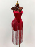Sexy Burgundy Red Fringe Hem Strapless Low-Cut Dress