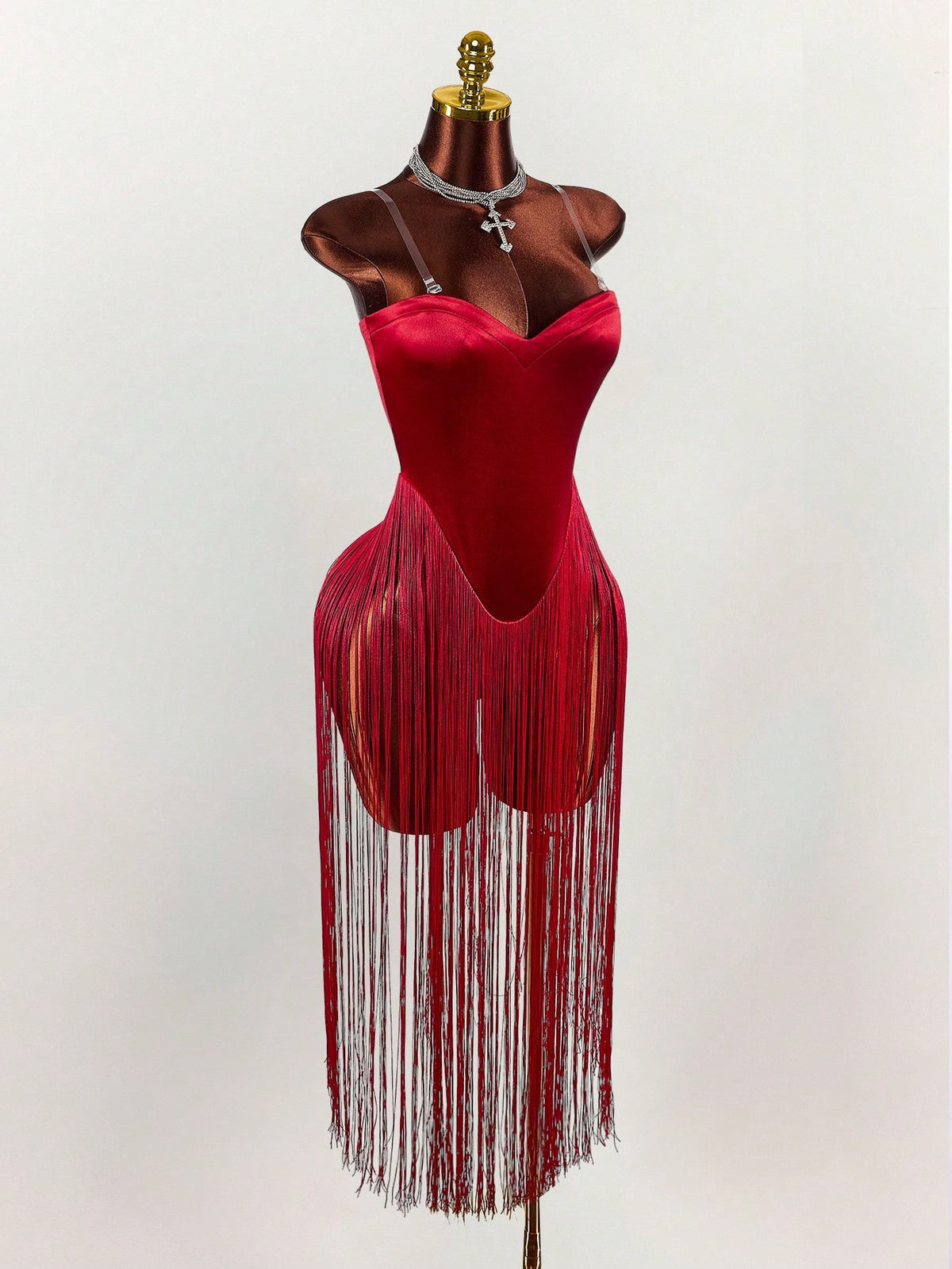 Sexy Burgundy Red Fringe Hem Strapless Low-Cut Dress