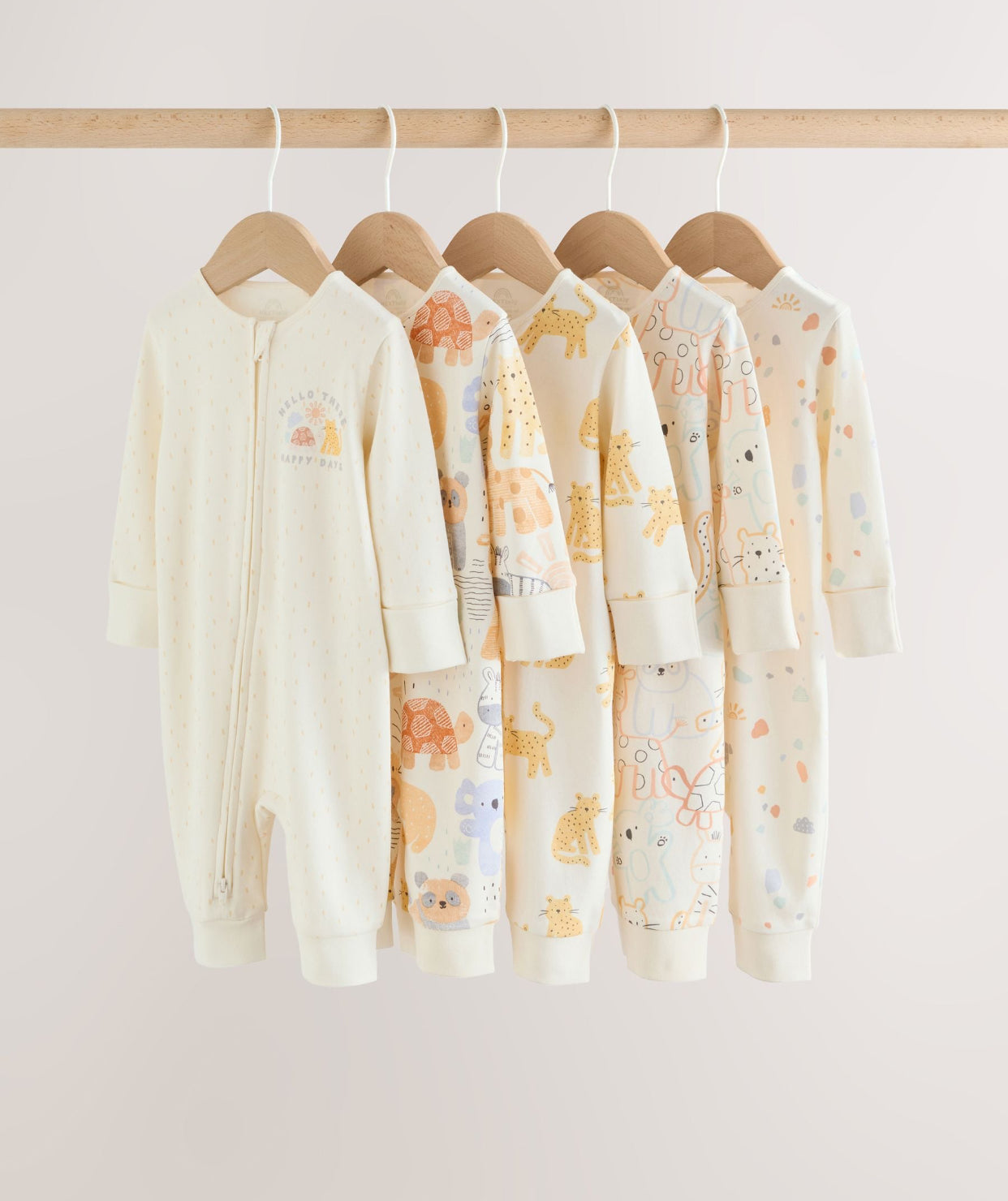 Cream Safari Two Way Zip Baby Sleepsuits 5 Pack
