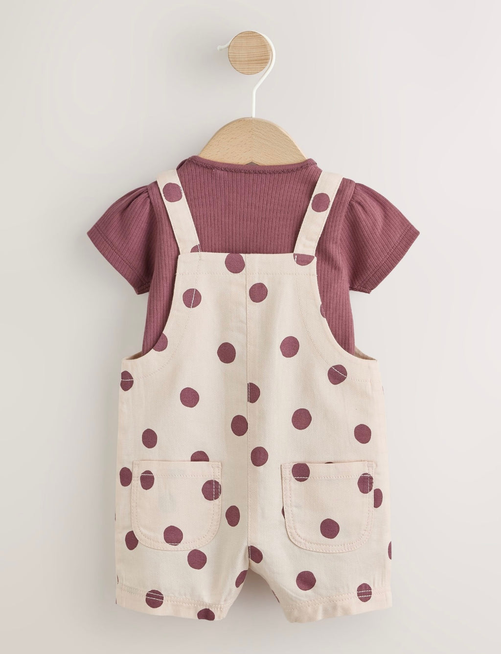Burgundy/Ecru Spot Woven Baby Dungaree And Bodysuit 2 Piece Set