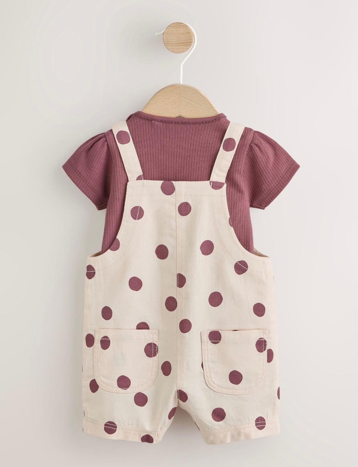Burgundy/Ecru Spot Woven Baby Dungaree And Bodysuit 2 Piece Set