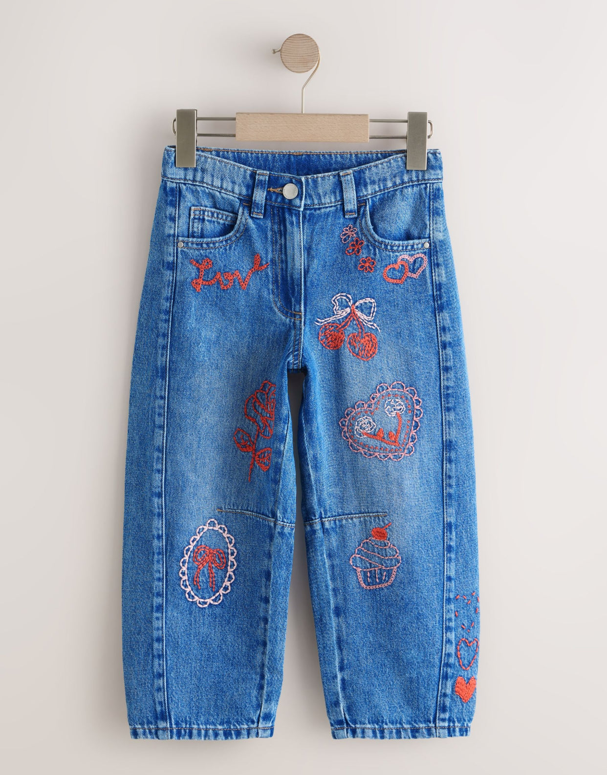 Mid Blue Embroidered Barrel Jeans