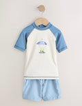Blue/Ecru Seagull Short Sleeve Sunsafe Rash Vest and Swim Shorts Set
