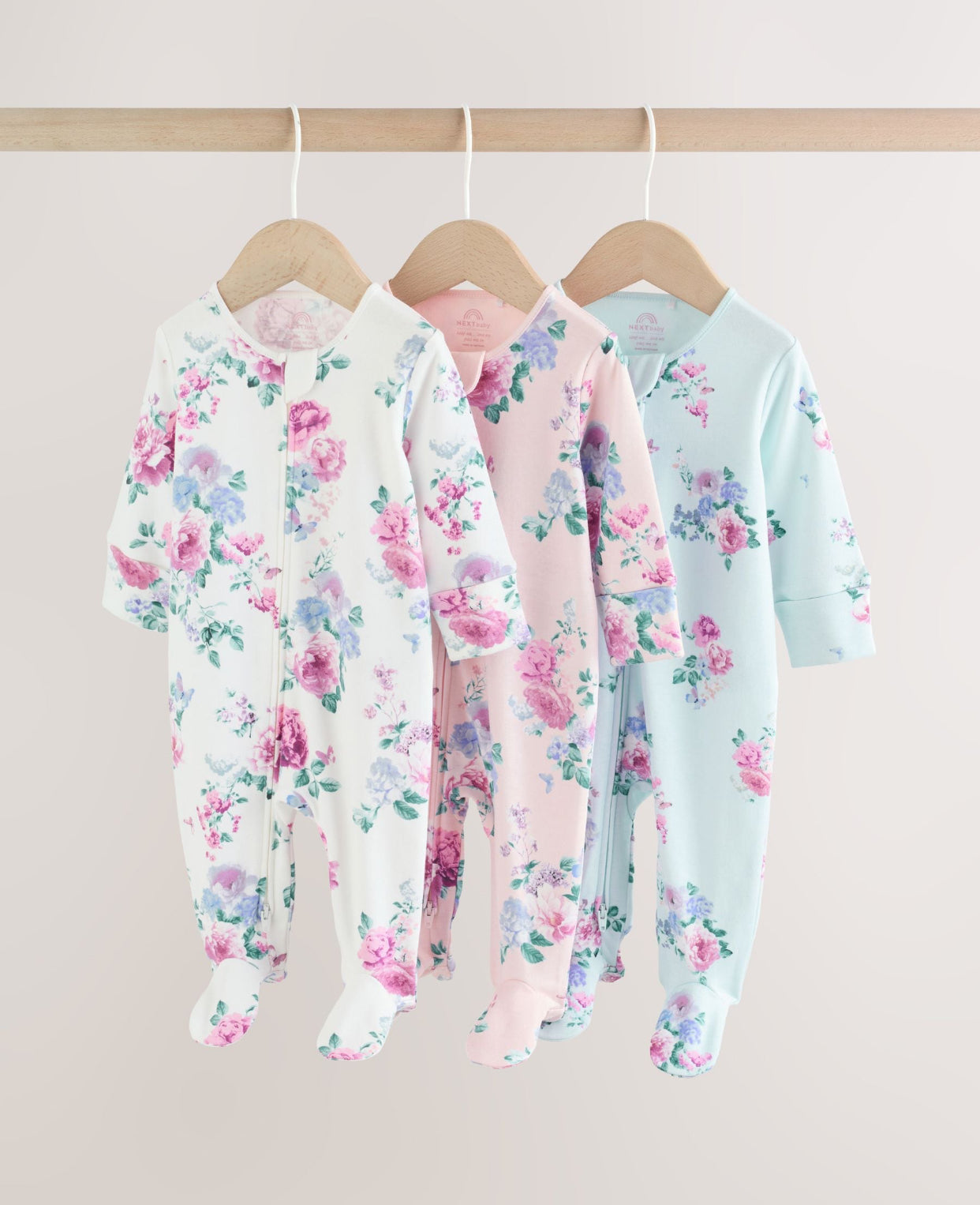 Pink Two Way Zip Baby Sleepsuit 3 Pack