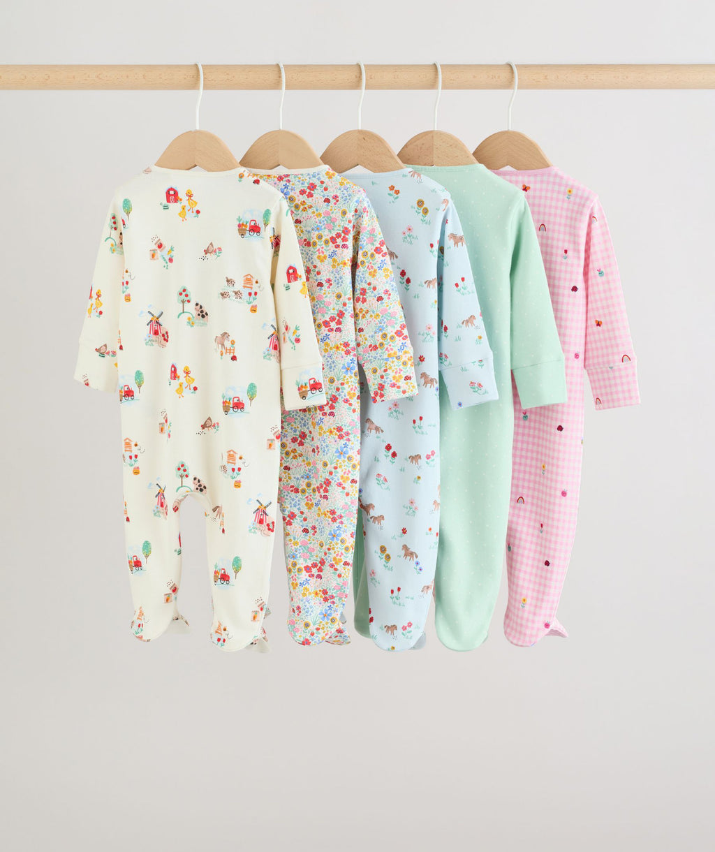 Pink/Green Two Way Zip Baby Sleepsuits 5 Pack