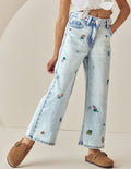 Mid Blue Wide Fit Floral Embroidered Straight Leg Jeans