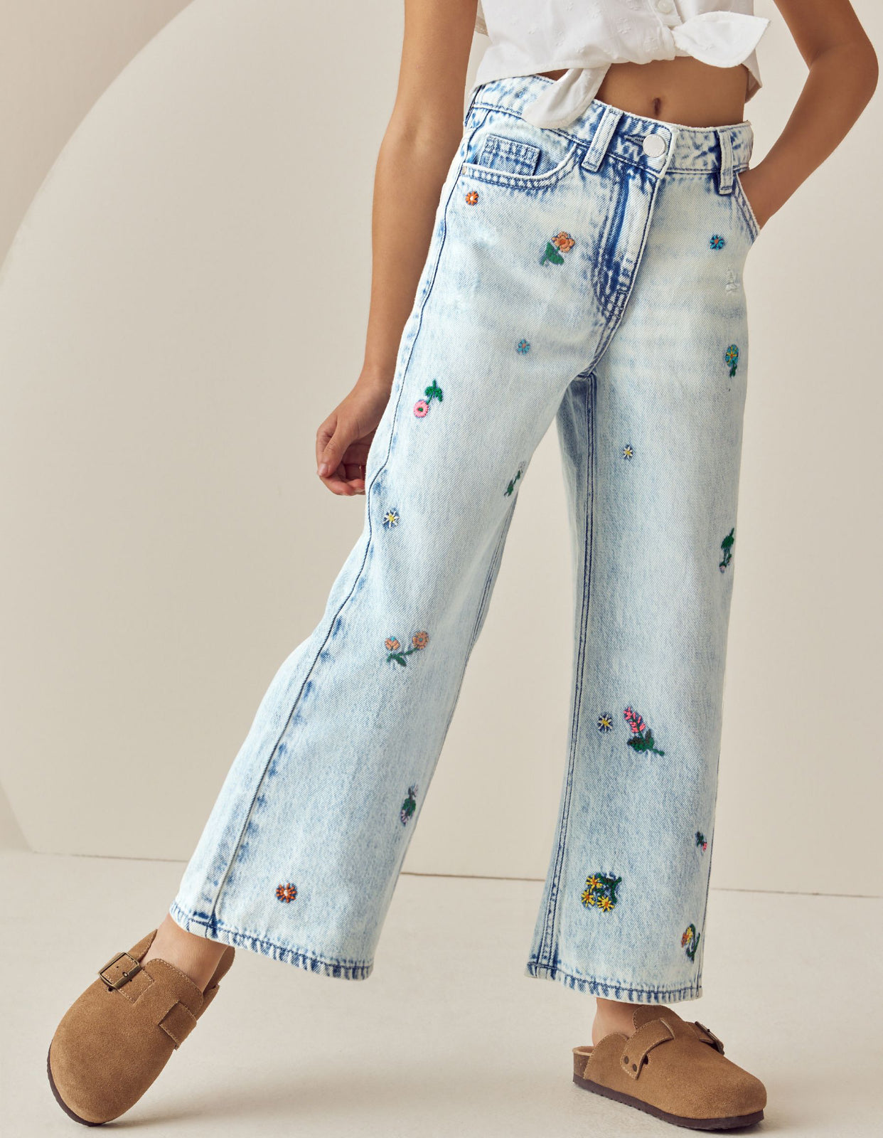Mid Blue Wide Fit Floral Embroidered Straight Leg Jeans