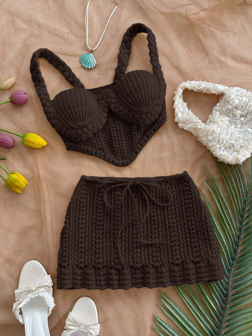 2pcs Vacation Camisole Crochet Backless Top And Low Waist Skirt Set