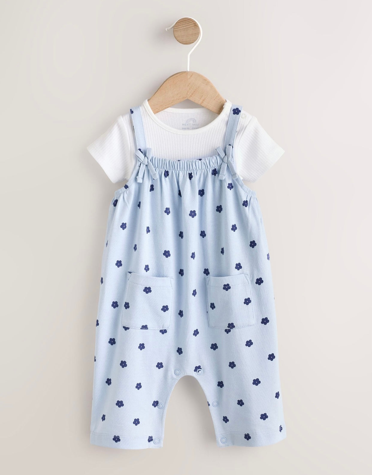 Blue Floral Baby Jersey Dungarees and Bodysuits Set 2 Piece