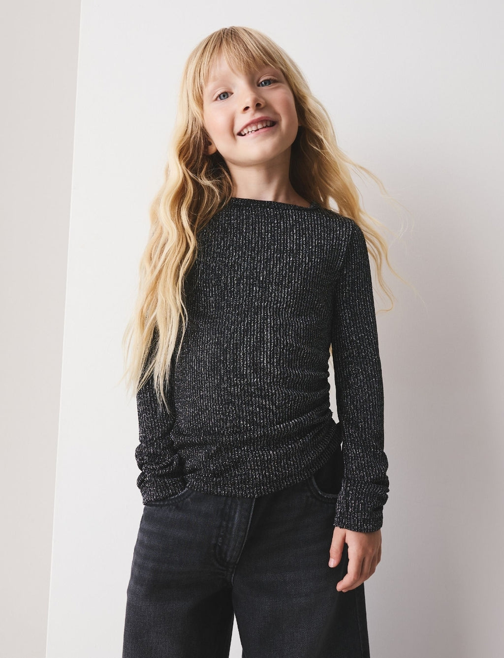 Black Sparkle Long Sleeve Ruched Top