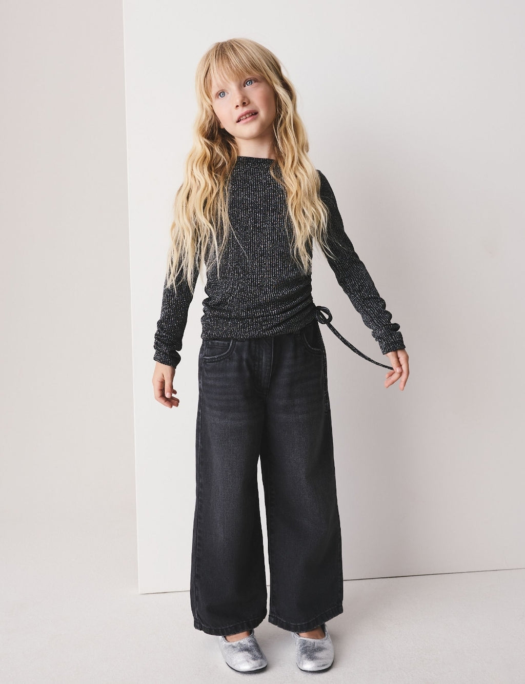 Black Sparkle Long Sleeve Ruched Top