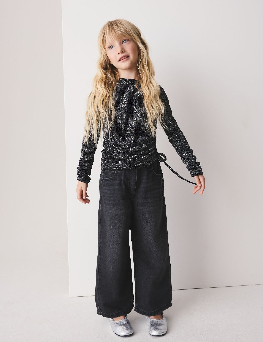 Black Sparkle Long Sleeve Ruched Top