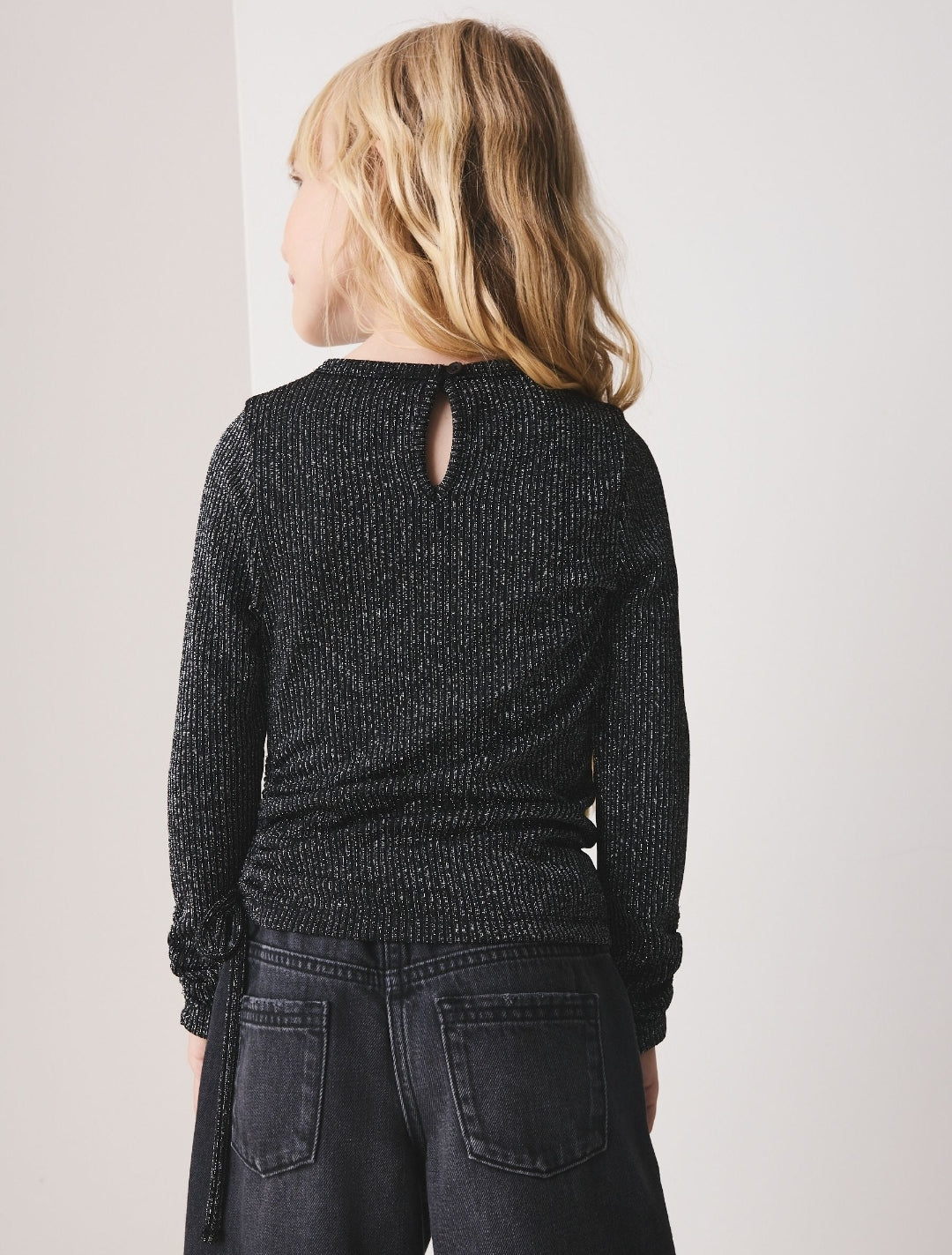 Black Sparkle Long Sleeve Ruched Top
