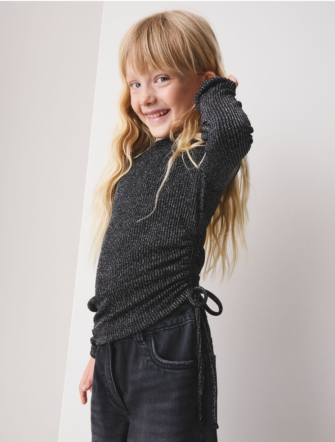 Black Sparkle Long Sleeve Ruched Top