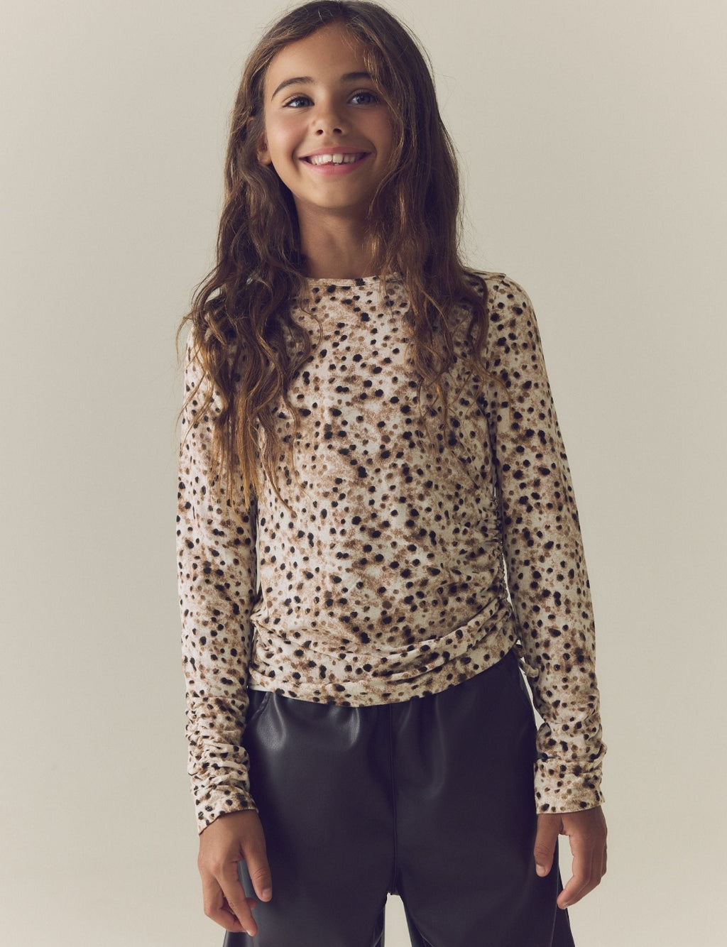 Brown Animal Long Sleeve Ruched Top