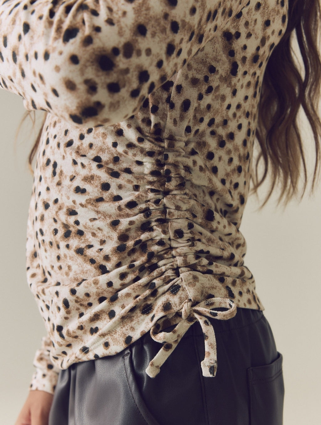Brown Animal Long Sleeve Ruched Top
