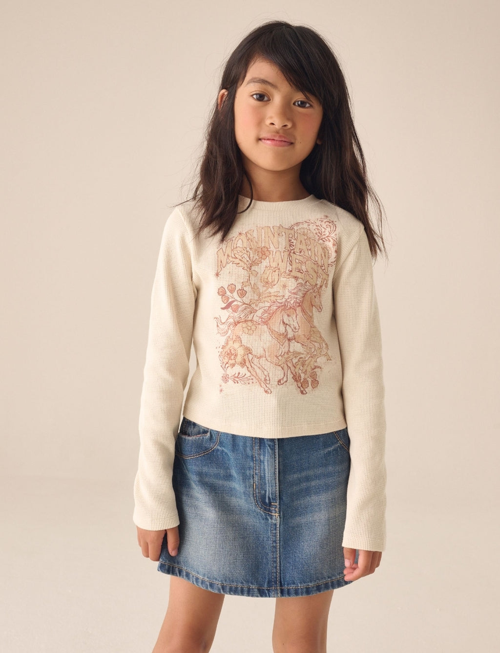 Cream Horses Textured Long Sleeve Graphic Top