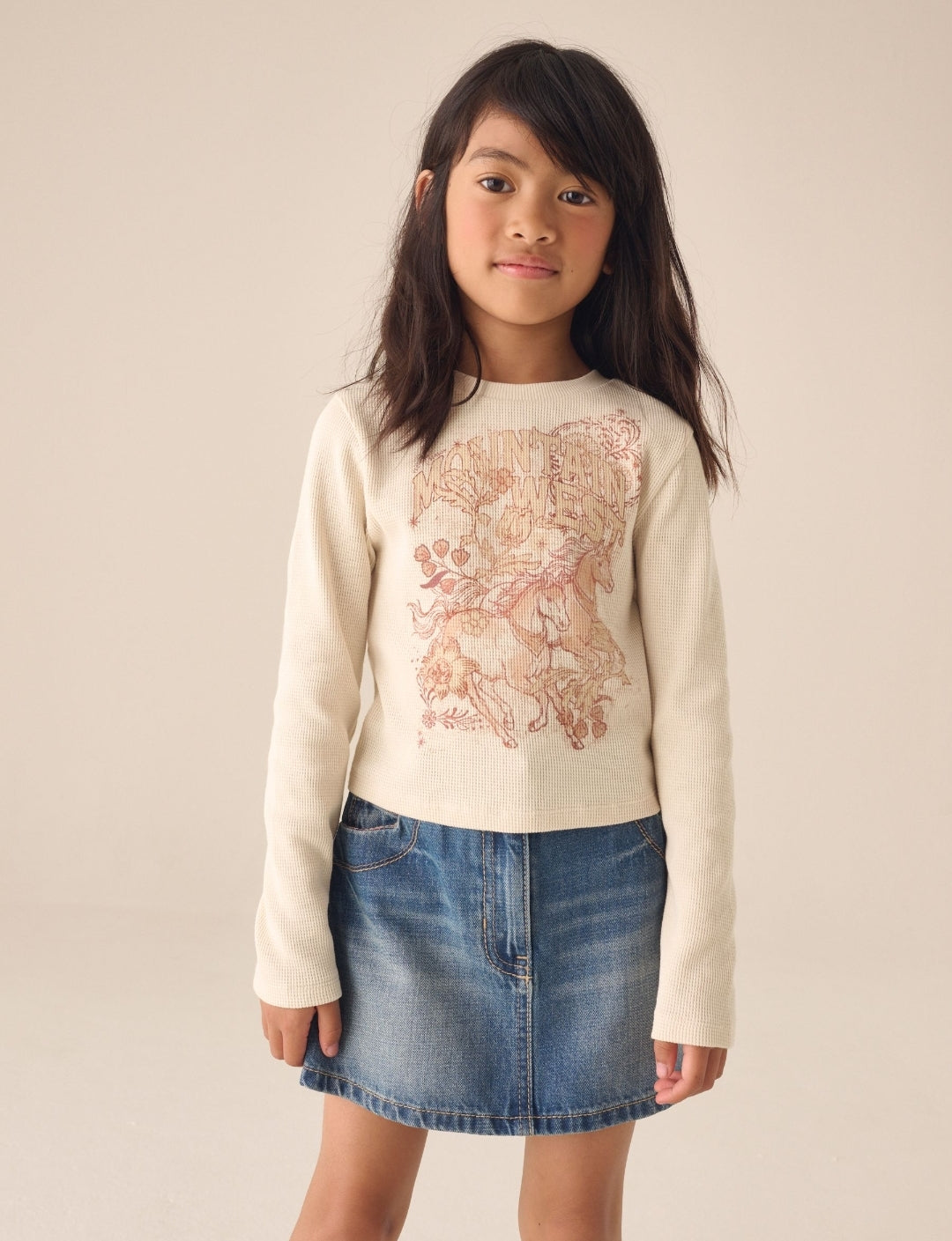 Cream Horses Textured Long Sleeve Graphic Top