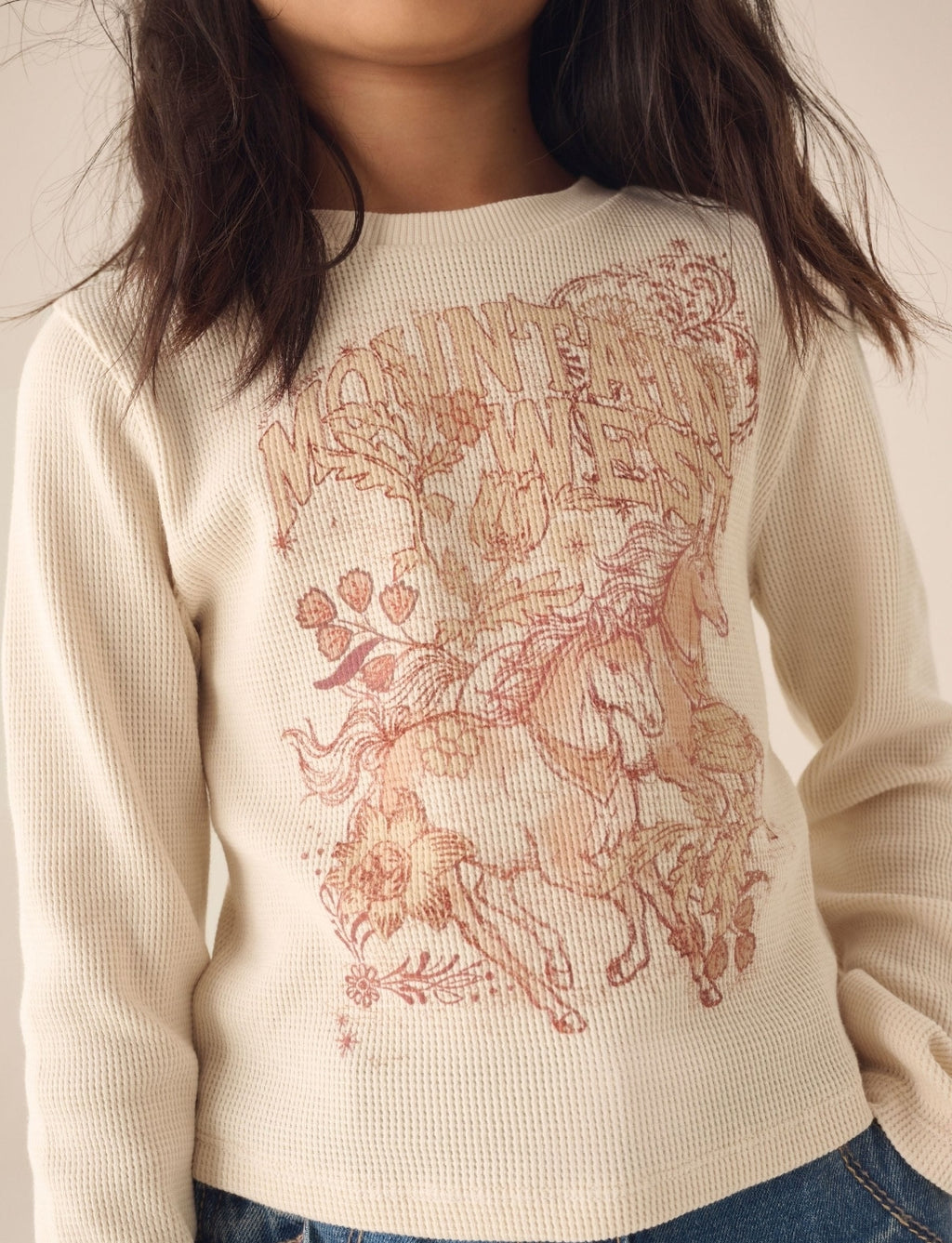 Cream Horses Textured Long Sleeve Graphic Top