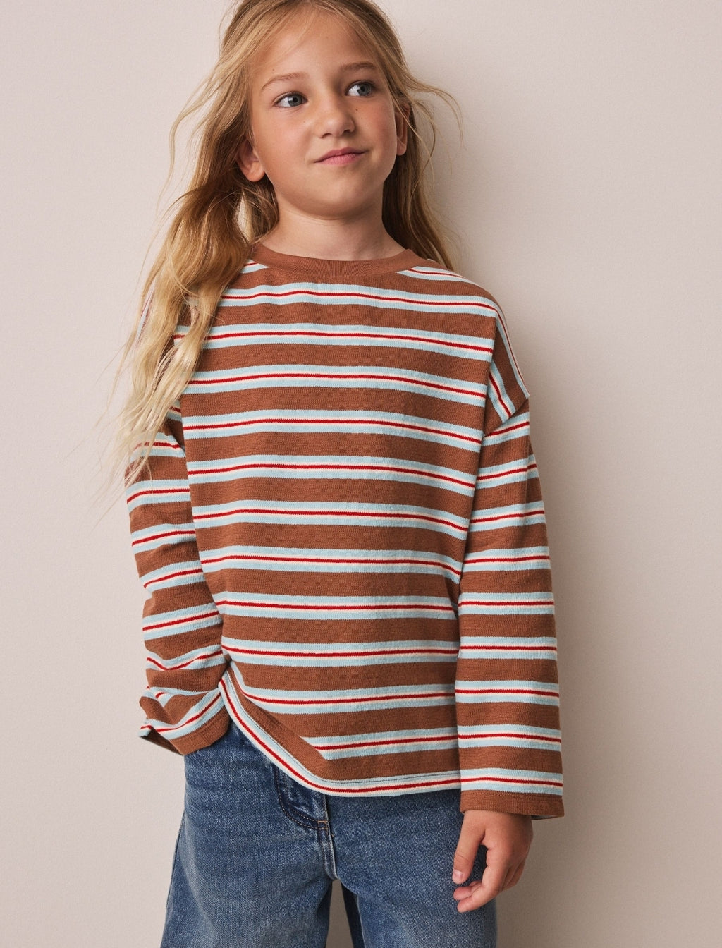 Brown Stripe Textured Long Sleeve Top