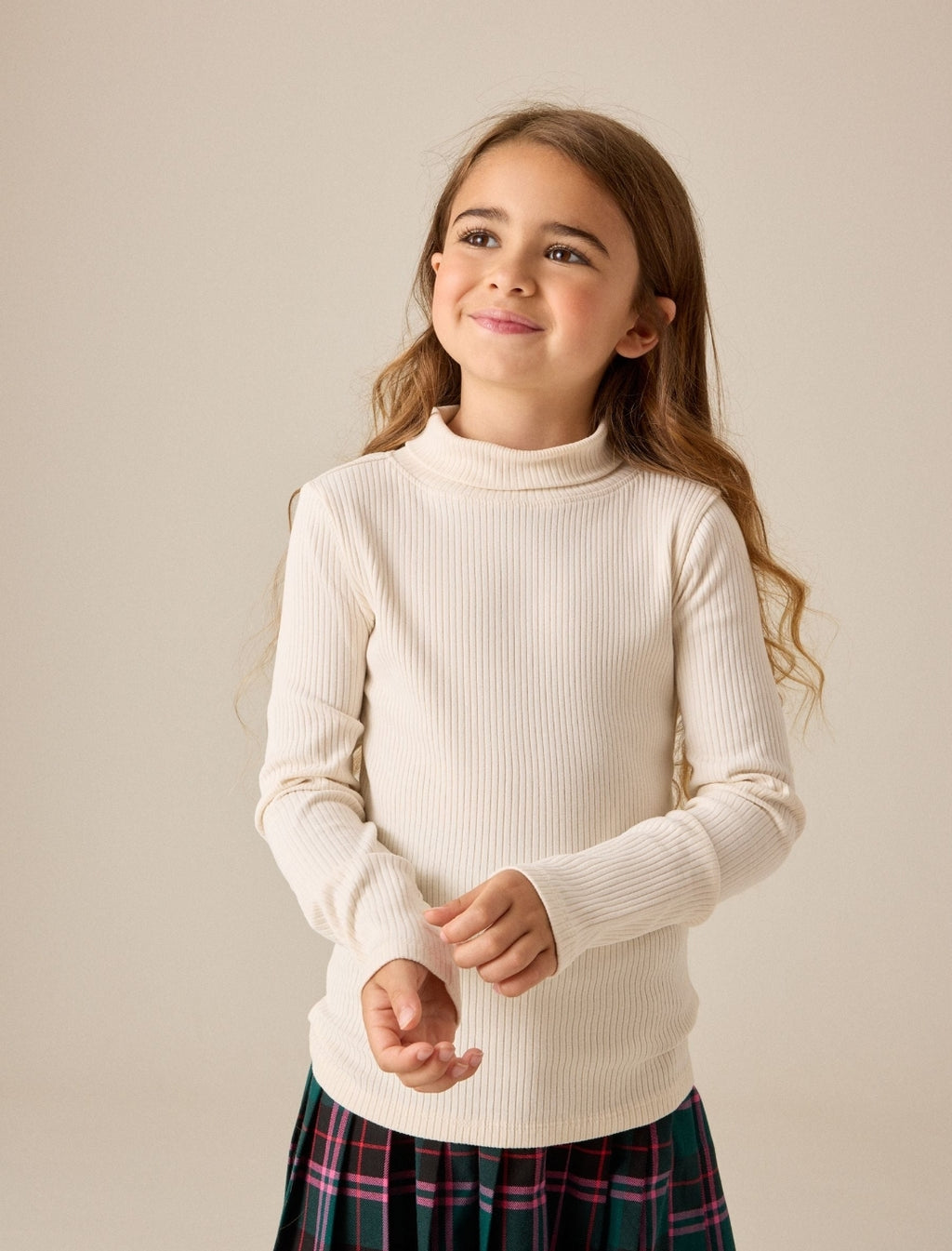 Cream Long Sleeve Roll Neck Rib Top