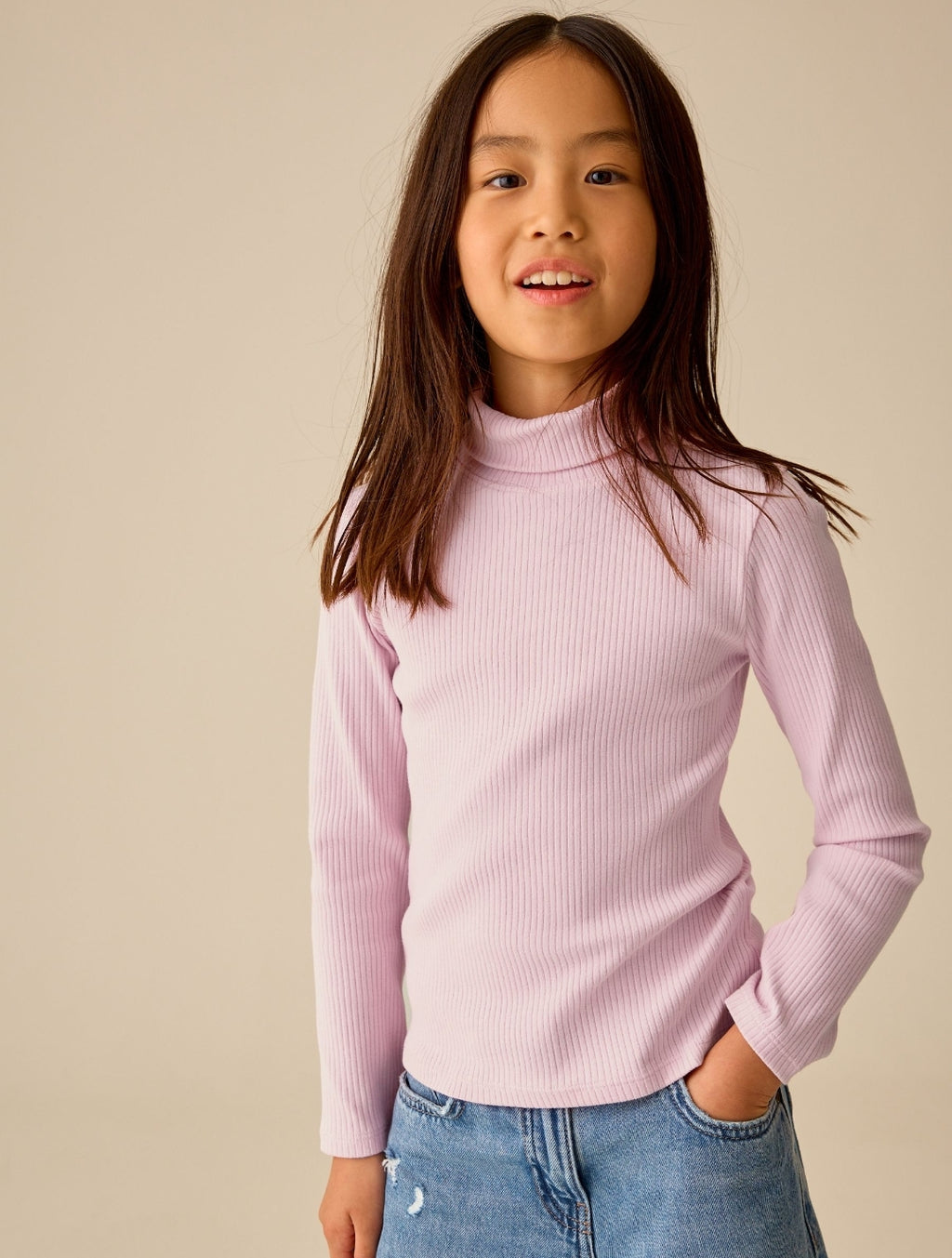 Pink Long Sleeve Roll Neck Rib Top