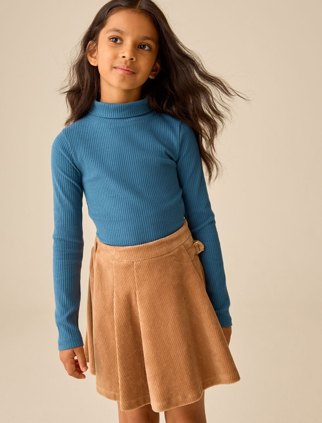 Teal Blue Long Sleeve Roll Neck Rib Top