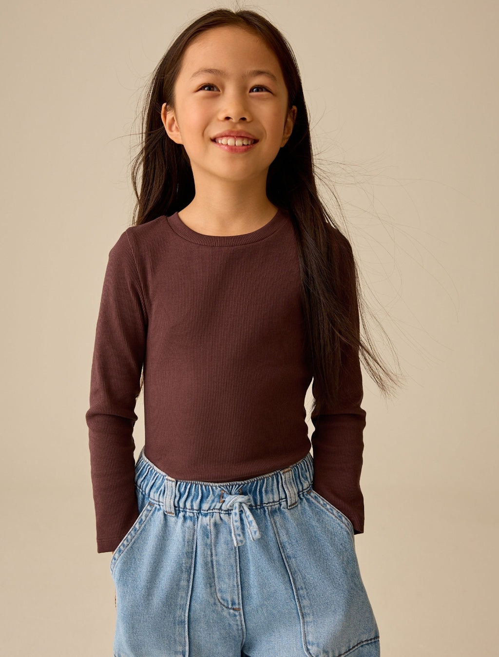 Chocolate Brown Fitted Long Sleeve Rib Top
