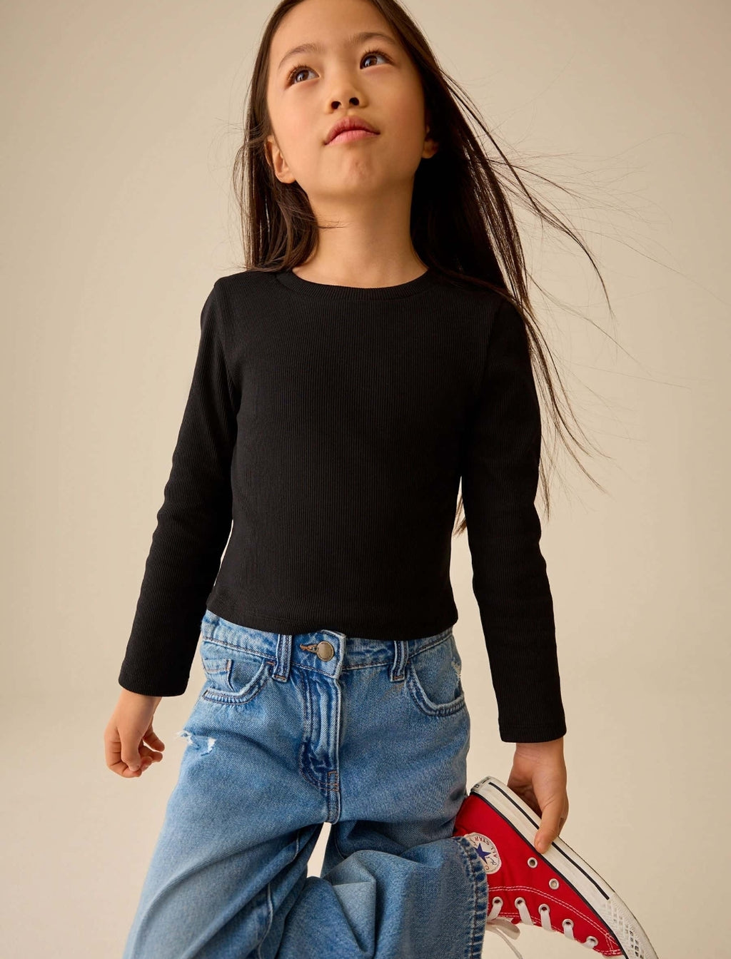 Black Fitted Long Sleeve Rib Top