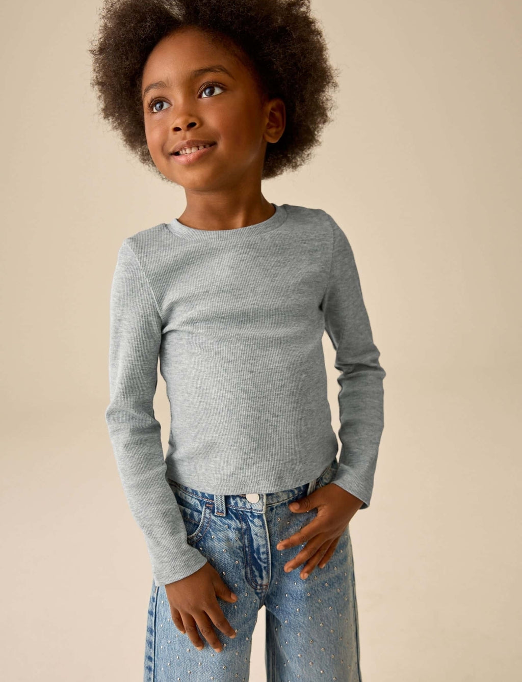 Grey Marl Fitted Long Sleeve Rib Top
