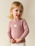 Pink Bunny Long sleeve Embroidered Ribbed Top