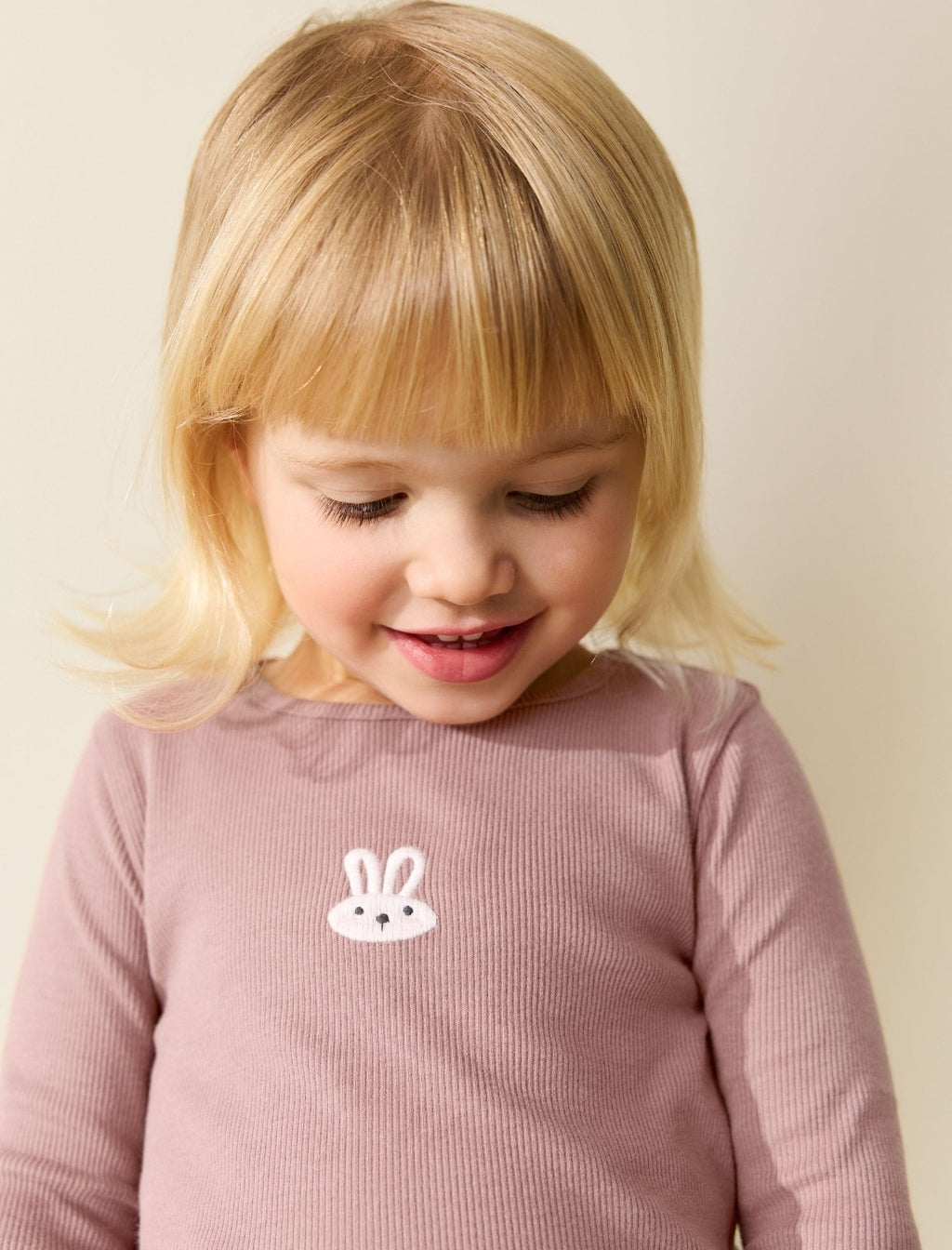 Pink Bunny Long sleeve Embroidered Ribbed Top