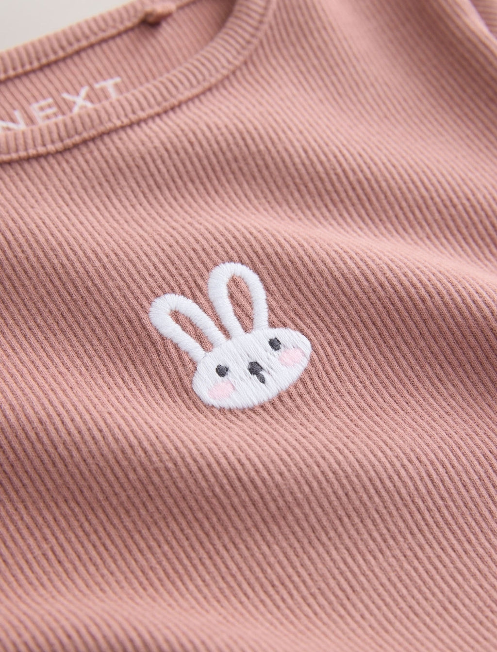 Pink Bunny Long sleeve Embroidered Ribbed Top