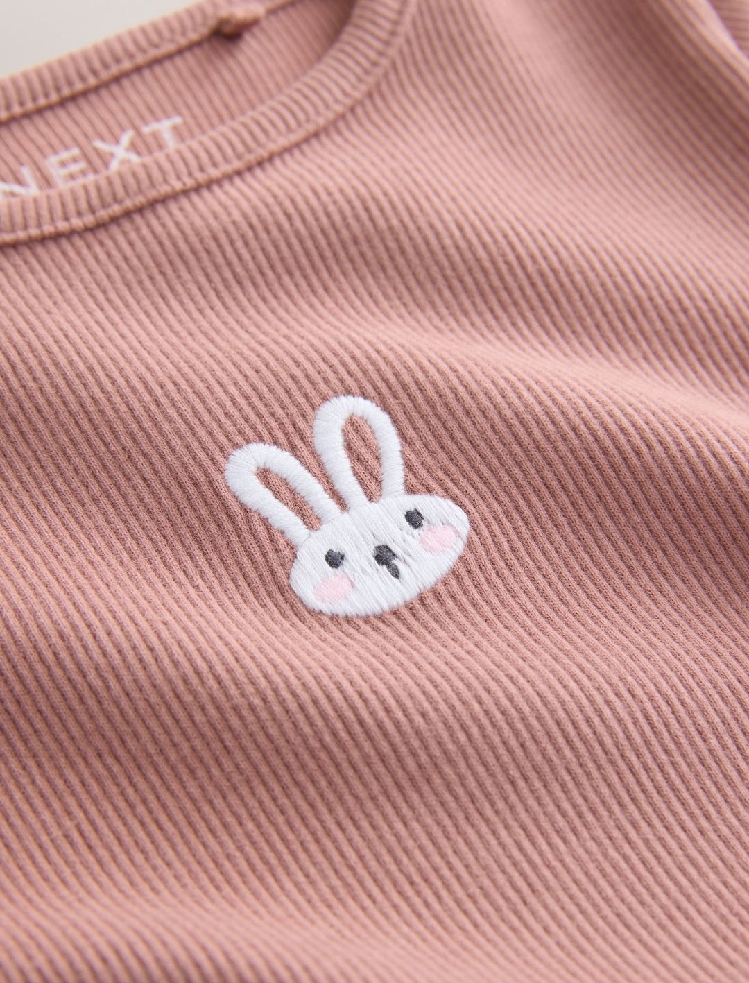 Pink Bunny Long sleeve Embroidered Ribbed Top