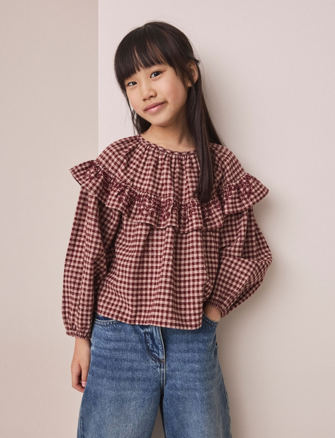 Chocolate Brown Check Ruffle Blouse
