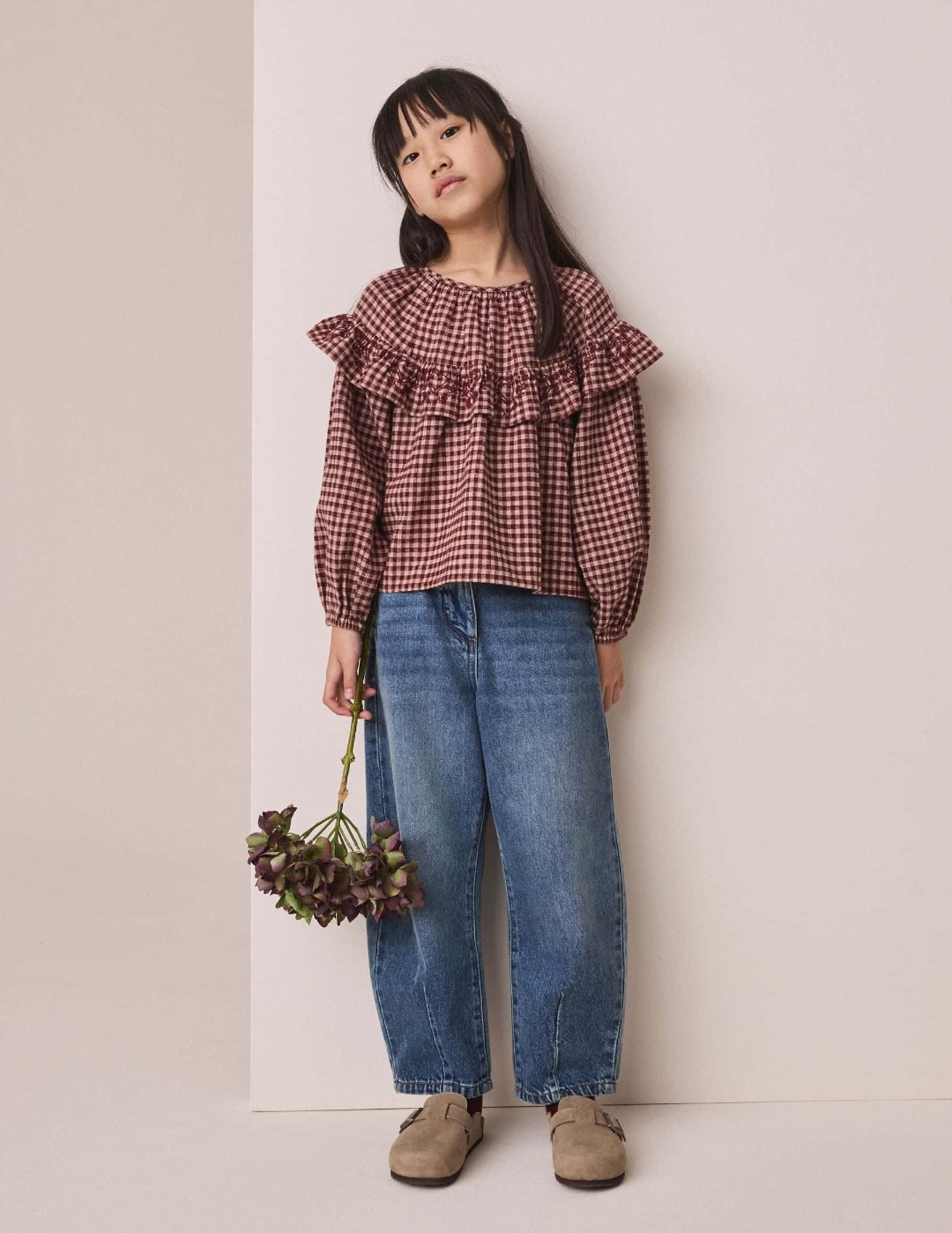 Chocolate Brown Check Ruffle Blouse