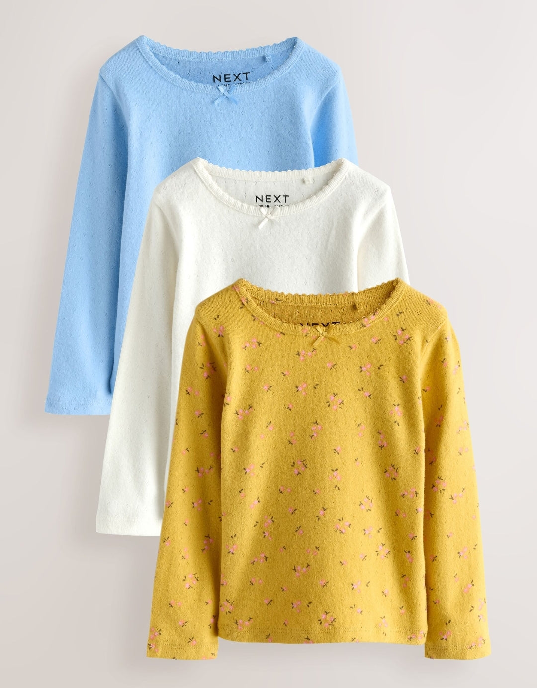 Blue/ Ecru/ Green Long Sleeve Pointelle Tops 3 Pack