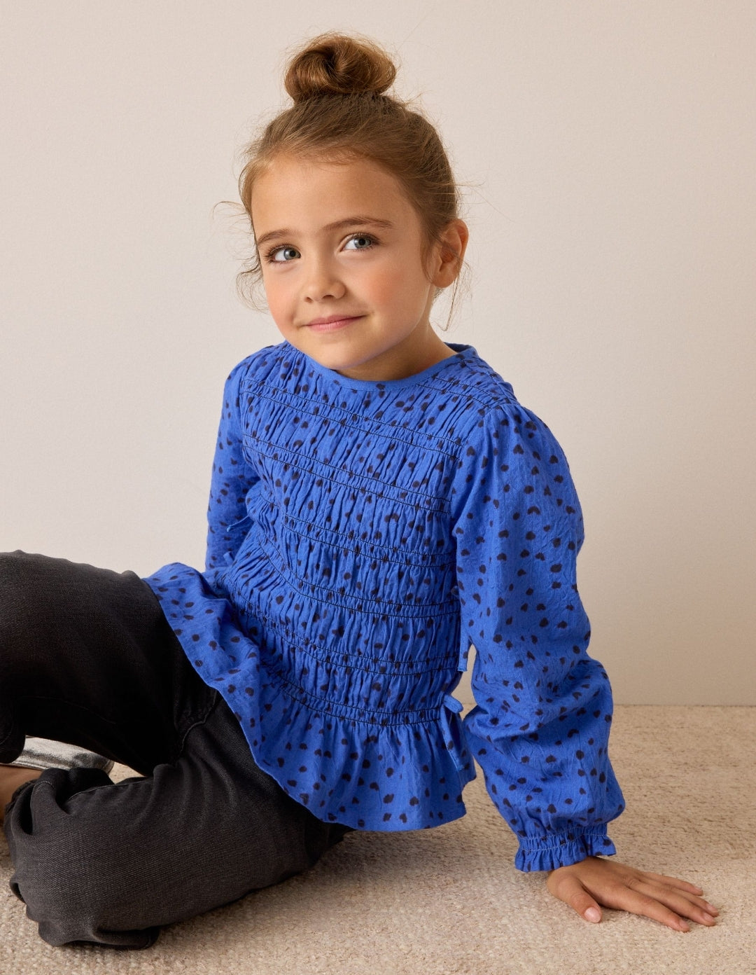 Blue Spot Long Sleeve Shirred Blouse
