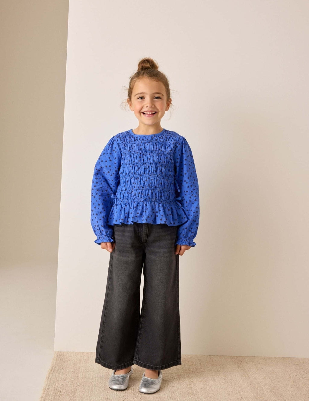 Blue Spot Long Sleeve Shirred Blouse