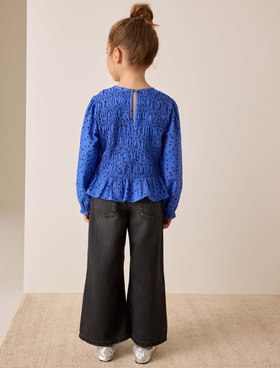 Blue Spot Long Sleeve Shirred Blouse