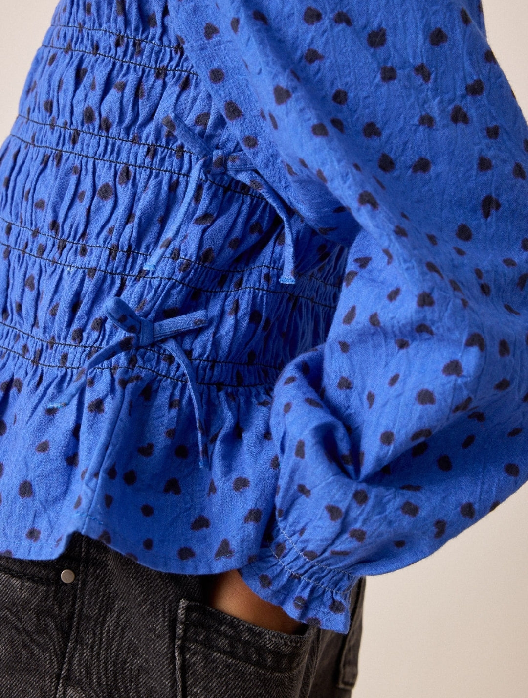 Blue Spot Long Sleeve Shirred Blouse
