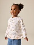 Ecru Ditsy Long Sleeve Pointelle Frill Hem Top