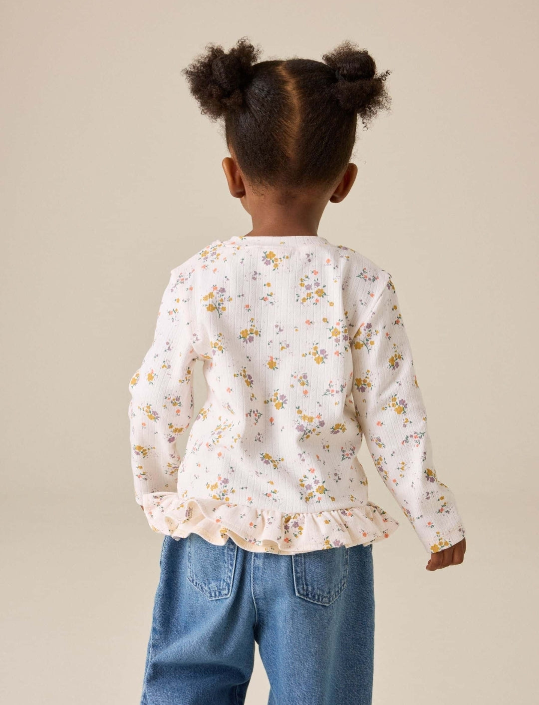 Ecru Ditsy Long Sleeve Pointelle Frill Hem Top