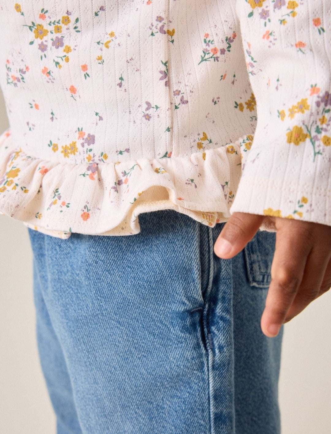 Ecru Ditsy Long Sleeve Pointelle Frill Hem Top