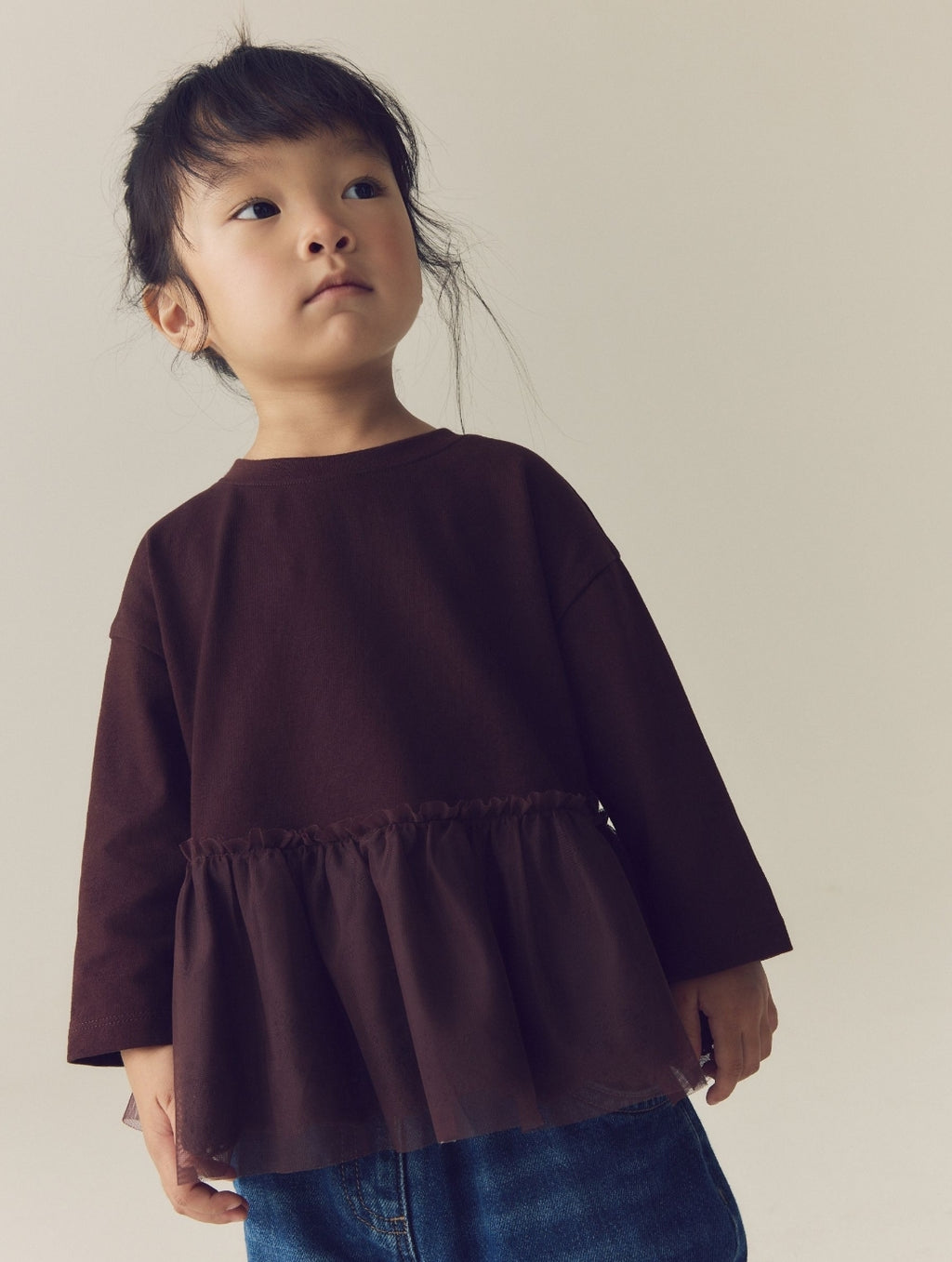 Brown Long Sleeve Mesh Hem Top