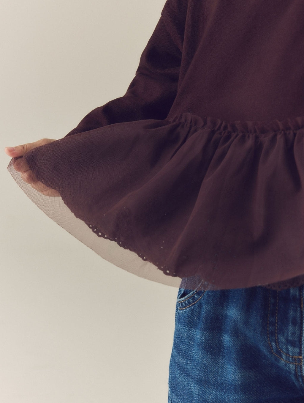 Brown Long Sleeve Mesh Hem Top