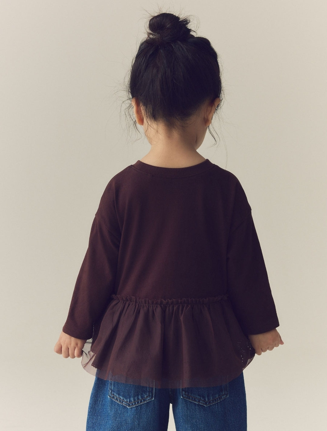 Brown Long Sleeve Mesh Hem Top